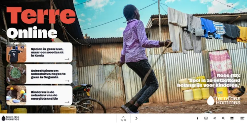 Cover van de digitale versie van het Terre Online magazine van maart 2026, met een foto van Rose, 15 jaar, voorop. Ze is aan het springtouwen.